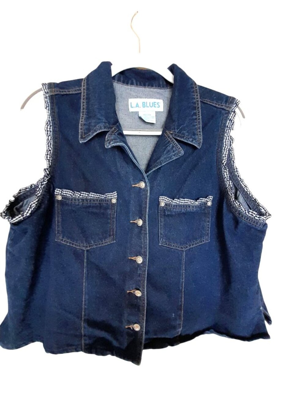 Vintage Womens Denim Vest Gingham Ruffle Accent Casual Cowgirl Rodeo 18/20W